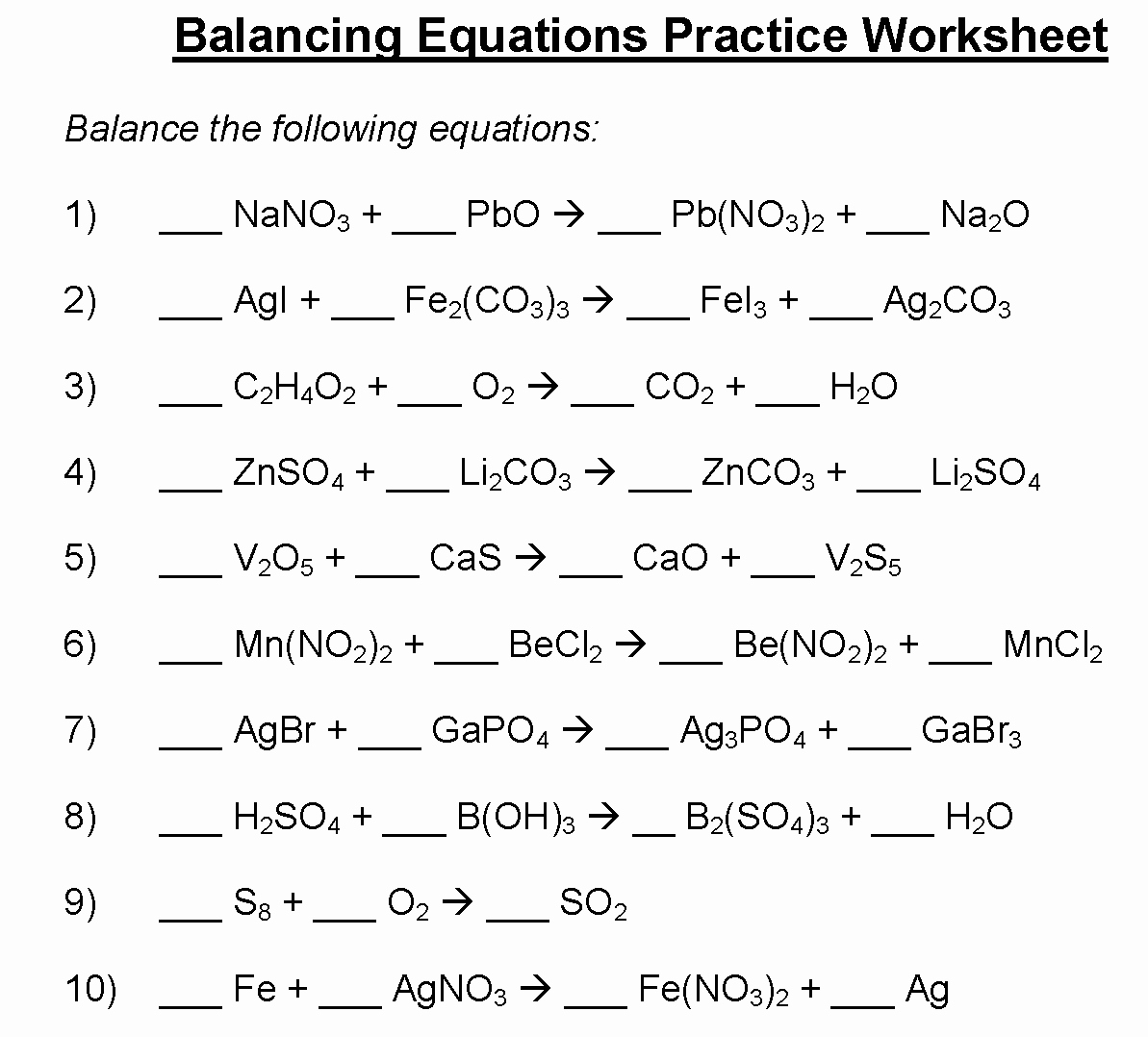 Practice Balancing Equations Worksheet Answers Practice Balancing Equations Worksheet Answers